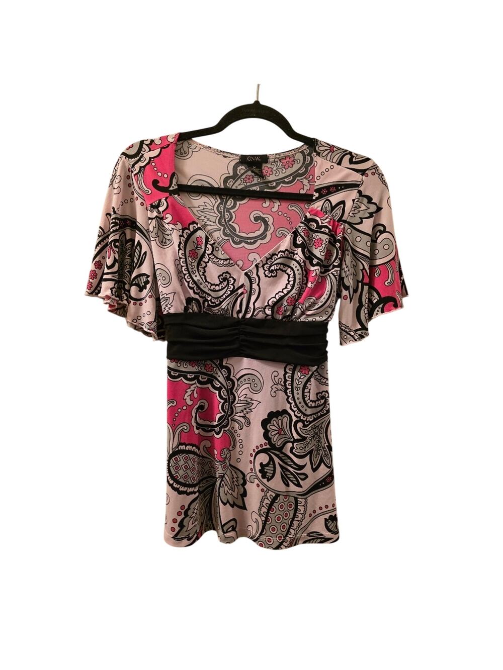 Vtg Y2K 90s Babydoll Paisley Print Short Flutter Sleeve Top Sz M GNW Pink White